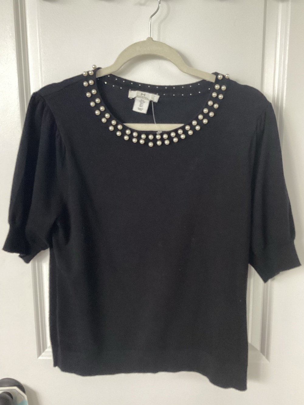 Halston Heritage Black Pearl-Embellished Short Sleeve Sweater